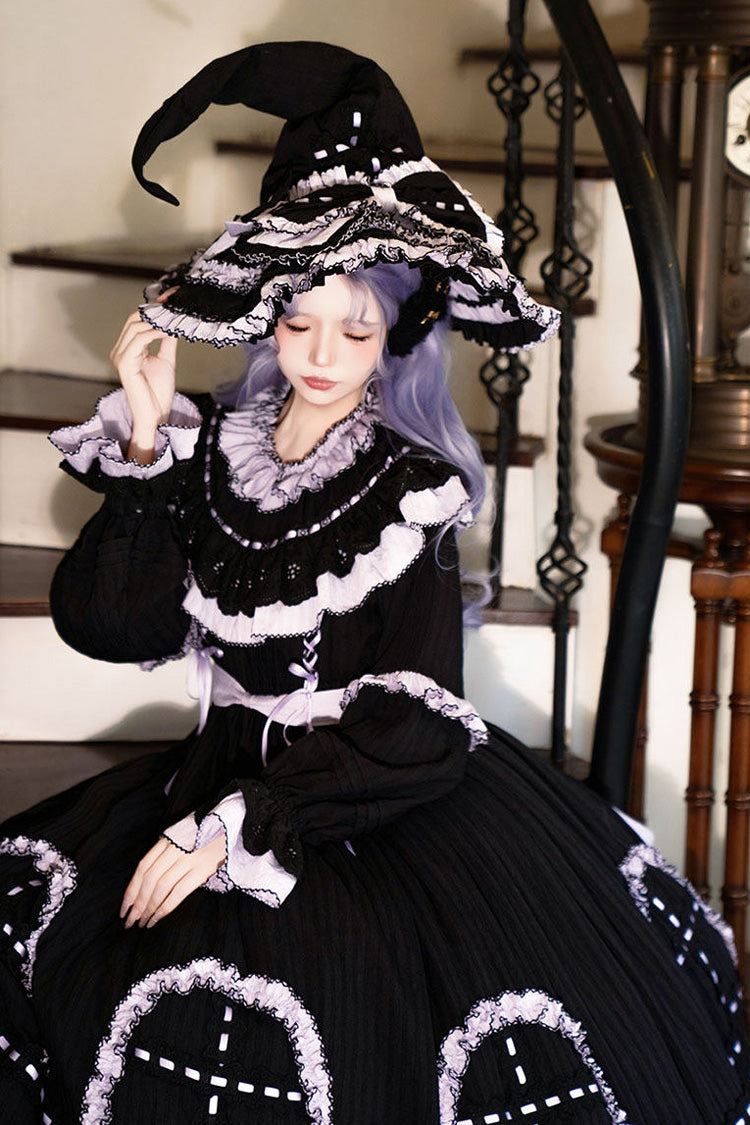 Noir Round Collar Long Sleeve Double Ruffle Lace-Up Dress - Twin Lilian