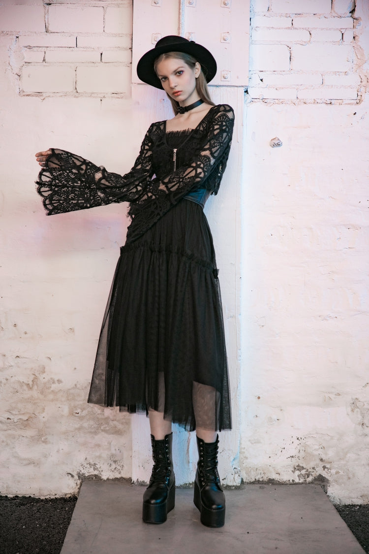 Sable Pendant Hollow Lace-Up Gothic Blouse for Women