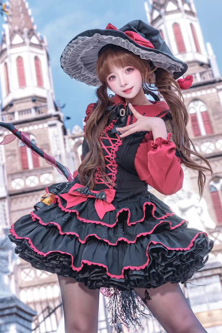 Black Red Showa Cake Sleeveless Triple-Layered Ruffled Bow Lace-Up Witch Gothic Jsk Dress