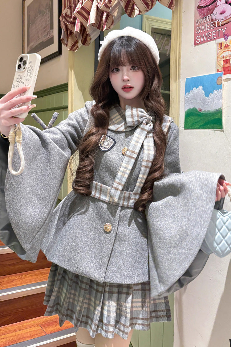 Trumpet-Sleeve Ruffled Bow Elegant Skirt Coat in 2 Colors - Chestnut Sea Salt