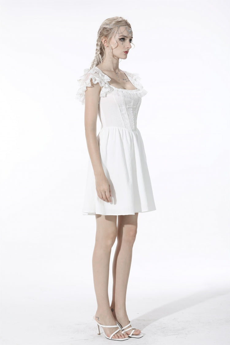 Ivory Layered Lace Square Neckline Strappy Gothic Mini Dress for Women
