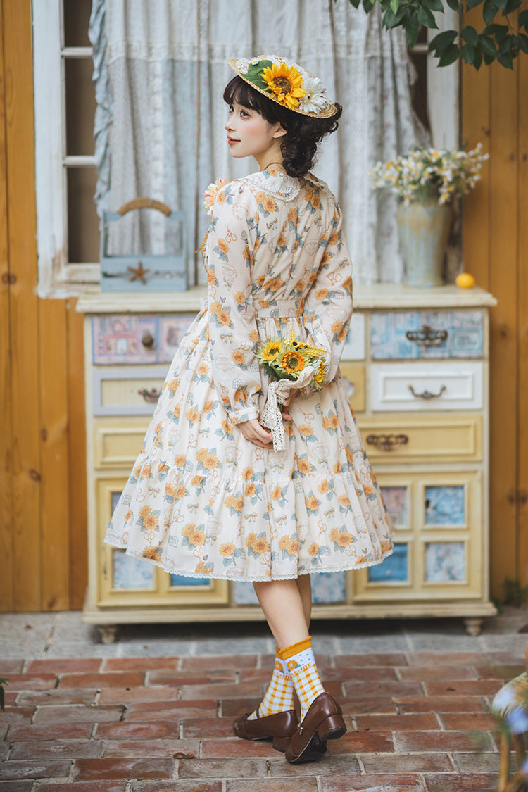 Apricot Sunflower Long Sleeve Floral Bow Elegant Lolita Dress