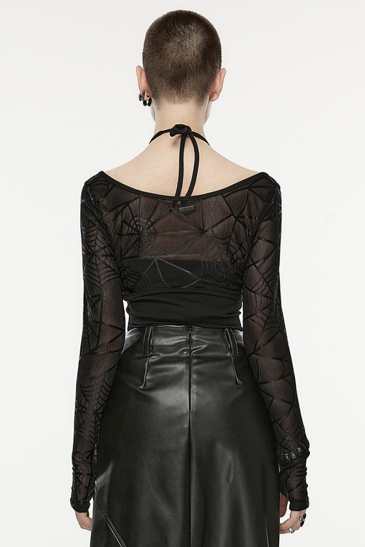 Noir Punk Two-Piece Set with Halter Neck and Web Print