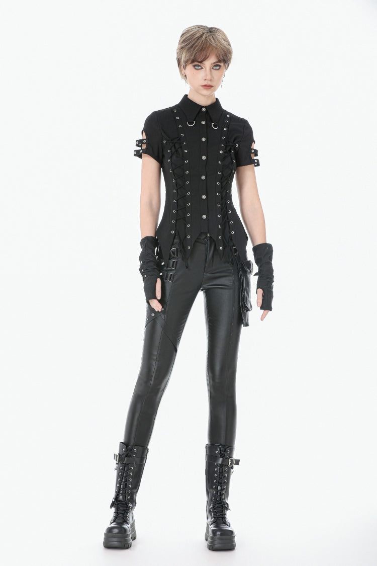 Punk Blouse with Turn-Down Collar and Lace-Up Eyelets