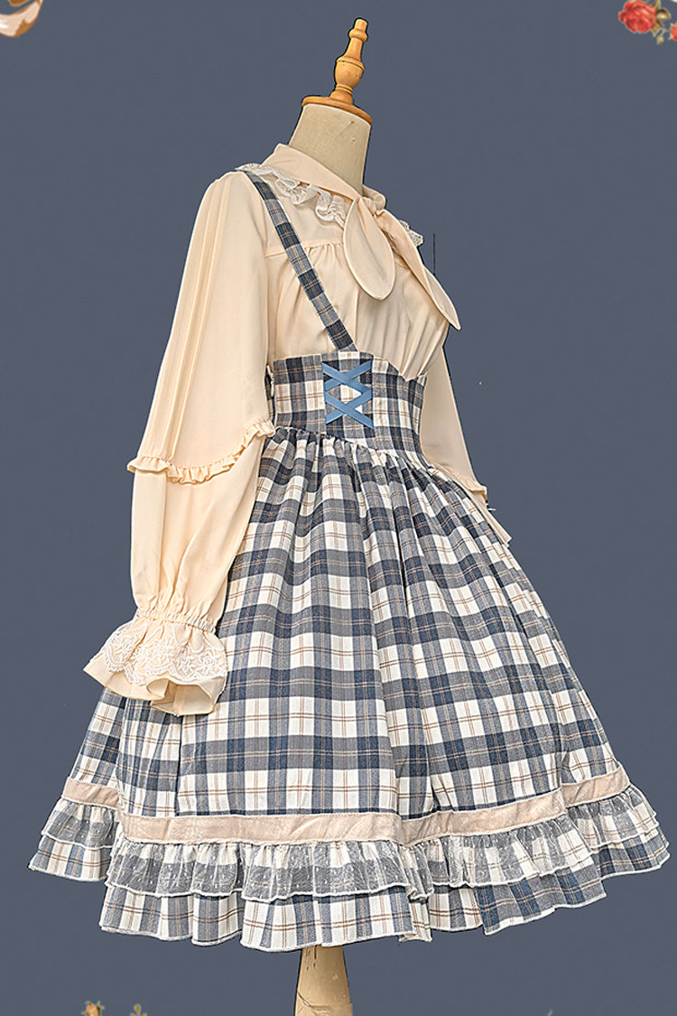 Sweet Lolita Strap Dress with Asymmetric Ruffle, High Waist, Grey/Blue Morning Tune