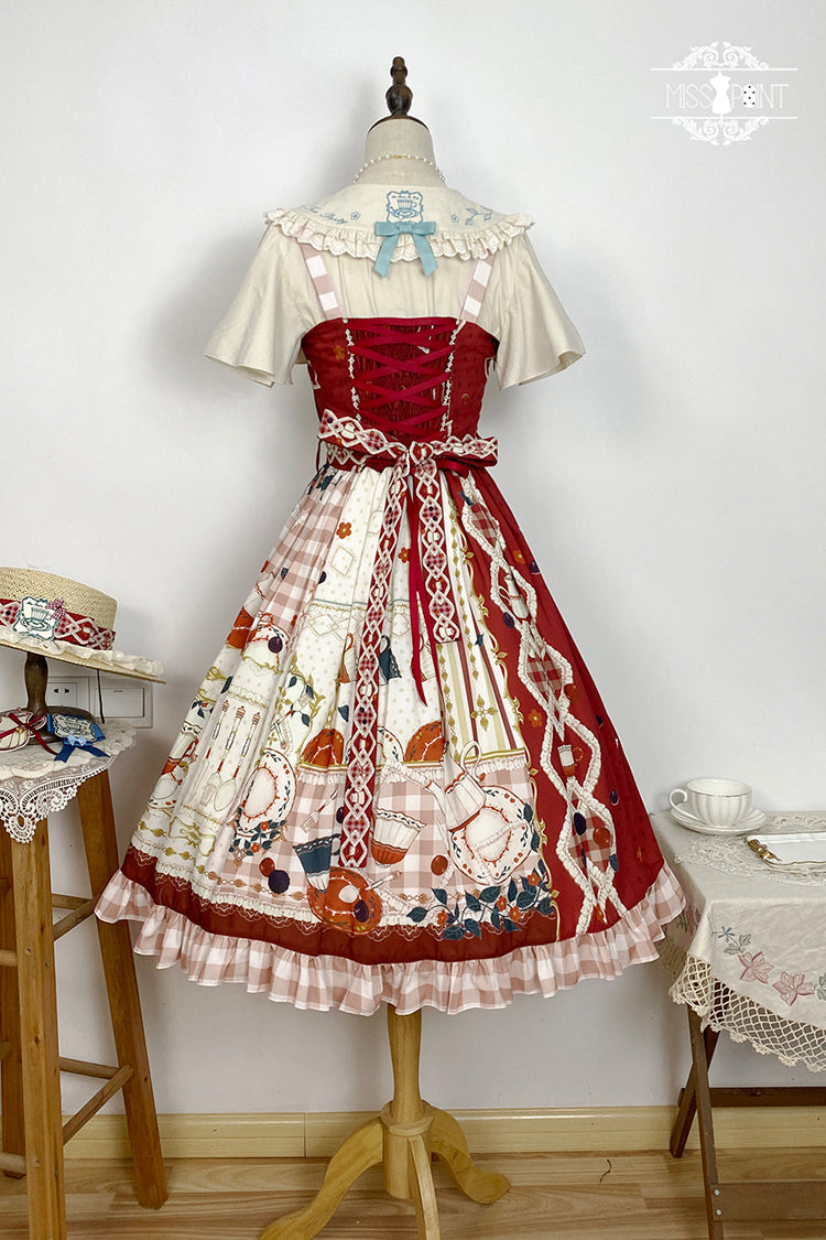 Scarlet Tea Party Printed Ruffled Bow Lace Sweet Elegant Lolita Jumper Dress