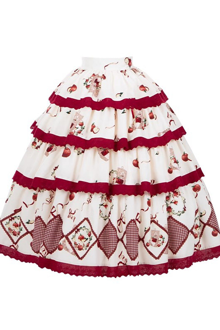 Crimson Beige Triple-Layered Apple Orchard Printed Ruffled Embroidered Sweet Lolita Maxi Skirt
