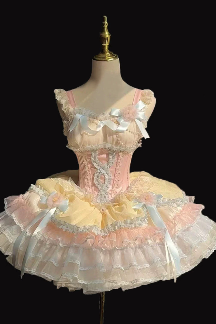 Flowing Light Gift Box Square Collar Sleeveless Layered Ruffle Bow Ballet Lolita JSK Dress