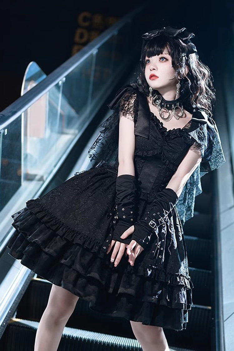 Black Lace Flying Sleeves Fish Bone Ruffled Gothic Gown