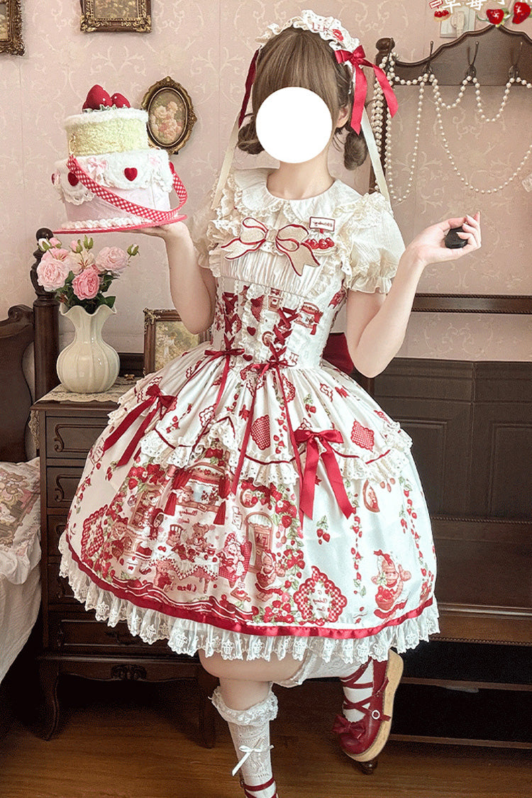 Ivory Scarlet Sleeveless Printed Ruffle Embroidered Bow Lace Sweet Jumper Dress - Strawberry Bear