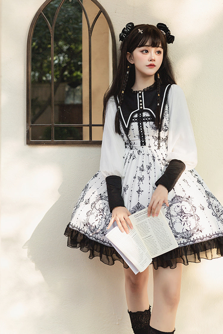 Black White Lace Ruffled Butterfly Magic Print Gothic OP