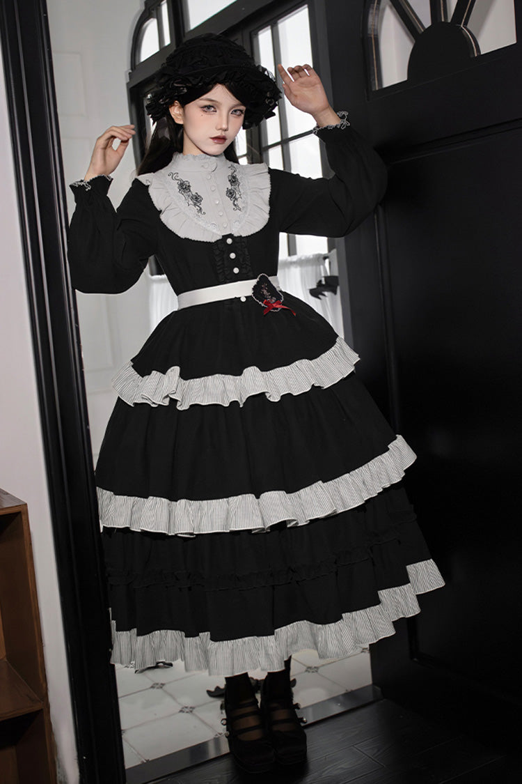 Gothic Ruffle Embroidered Long-Sleeve Dress in 2 Colors - Castle Night