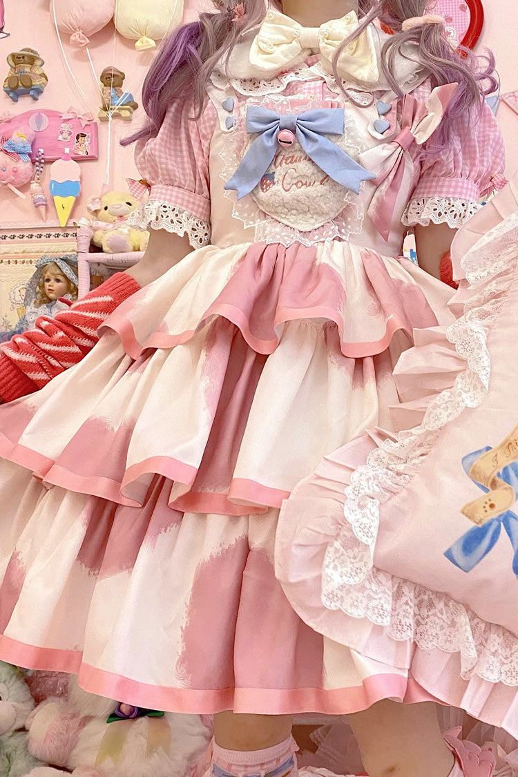 Pink Sleeveless Triple Layer Cow Print Ruffle Bow Sweet Jsk