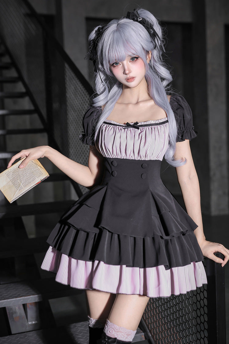 Halterneck Square Collar Ruffled Lolita Dress Set - Black/Grey