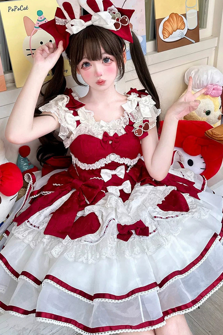 Scarlet Velvet Rabbit Sleeveless Multi-Layered Ruffled Bow Sweet Lolita Jumper Dress Set