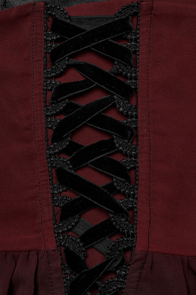 Dark Crimson Floral Embroidered Lace-Up Gothic Slip Dress