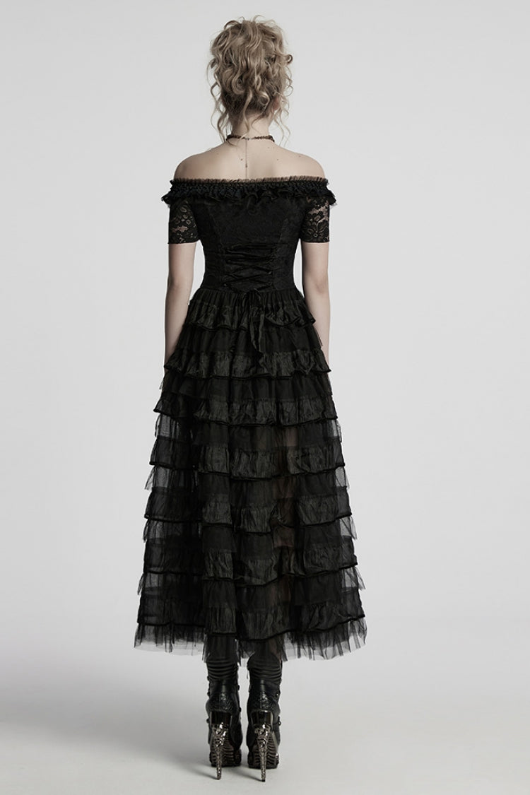 Off-Shoulder Embroidered Punk Dress with Short Sleeves