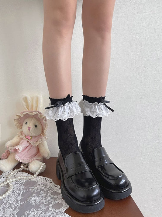 Trim Bowknot Lace Hollow-out Black/White/Apricot Details Socks