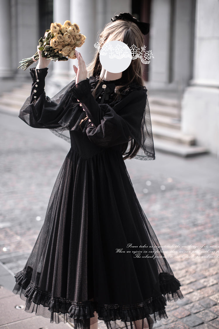 Black Enchanted Nightdream Long Sleeve Bowknot Lace Elegant Dress