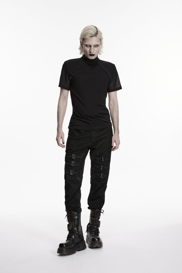 Noir Punk Pants with Buckle Straps and Mesh Detailing