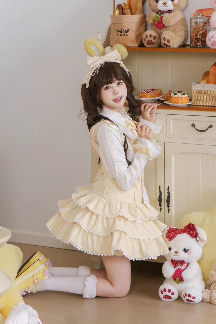 Yellow Nostalgic Showa Custard Cream Puff Sleeveless Triple-Layered Ruffled Bow Lace-Up Tiered Cake Sweet Jsk Dress