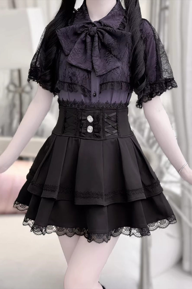 Gothic Embroidered Ruffled Top and Skirt Set with Lace-Up - Dark Moon Shadow