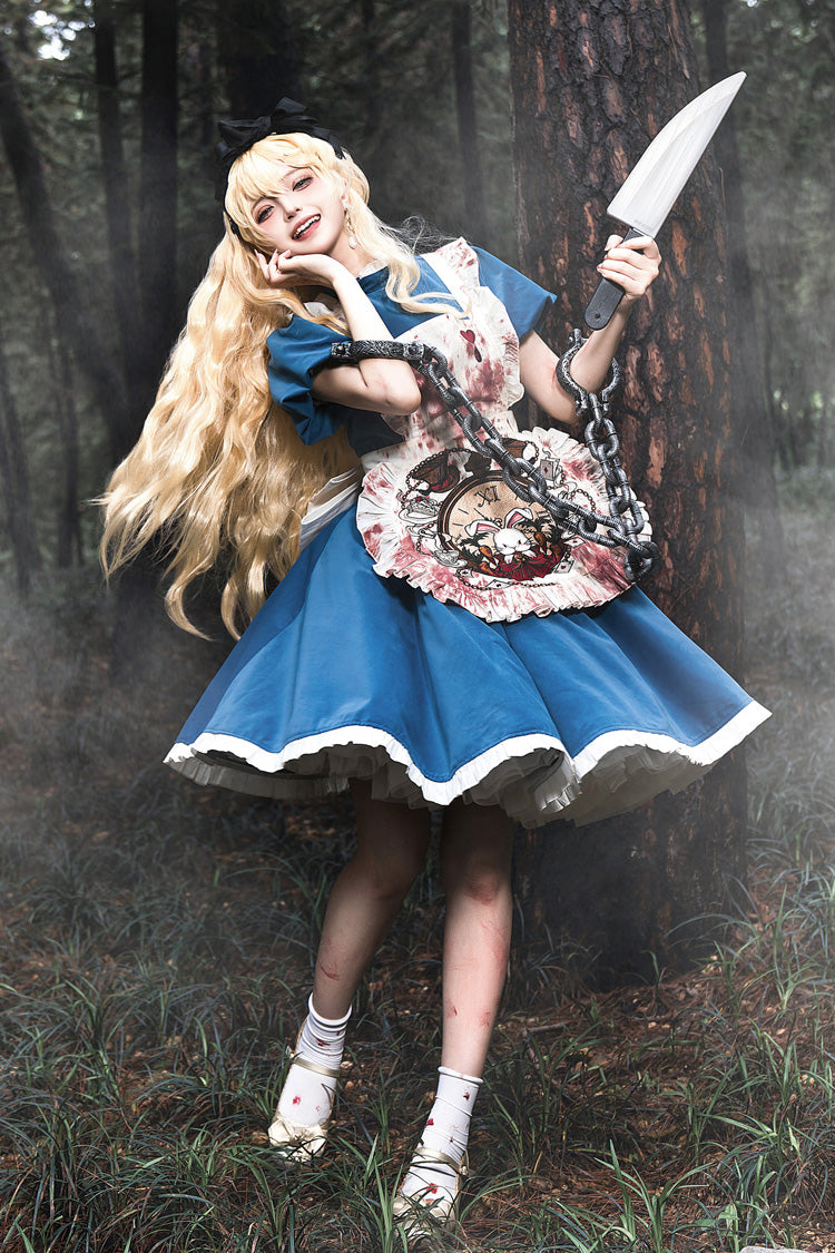 Blue Gothic Lolita Dress with Long Sleeves and Ruffles