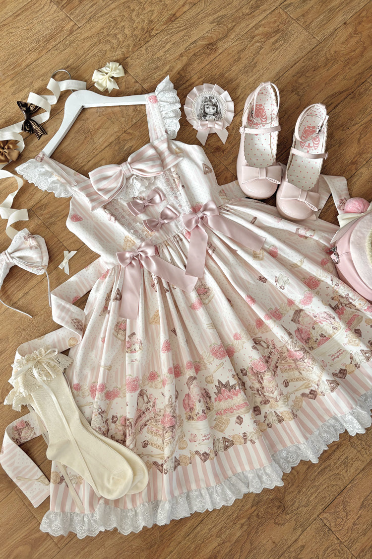 Strawberry Cheesecake Square Neck Printed Bow Lace Casual Lolita JSK