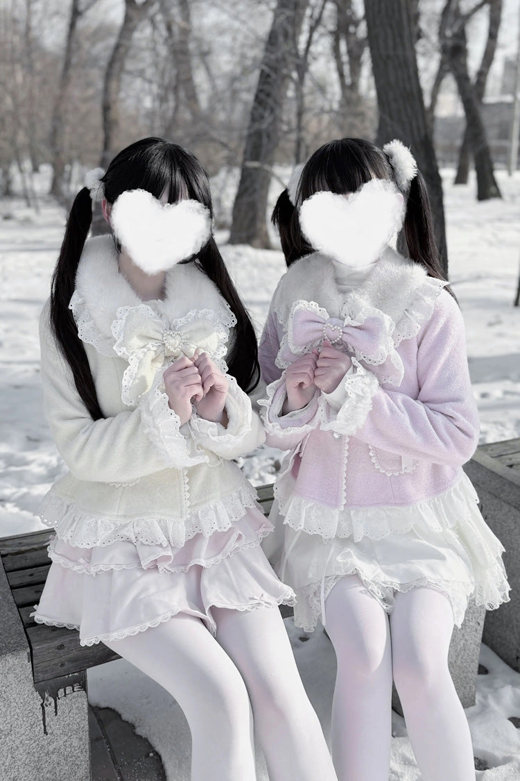 Diamond Strawberry Long Sleeve Bow Lace Pearl-Adorned Sweet Jirai Kei Lolita Coat in Three Colors