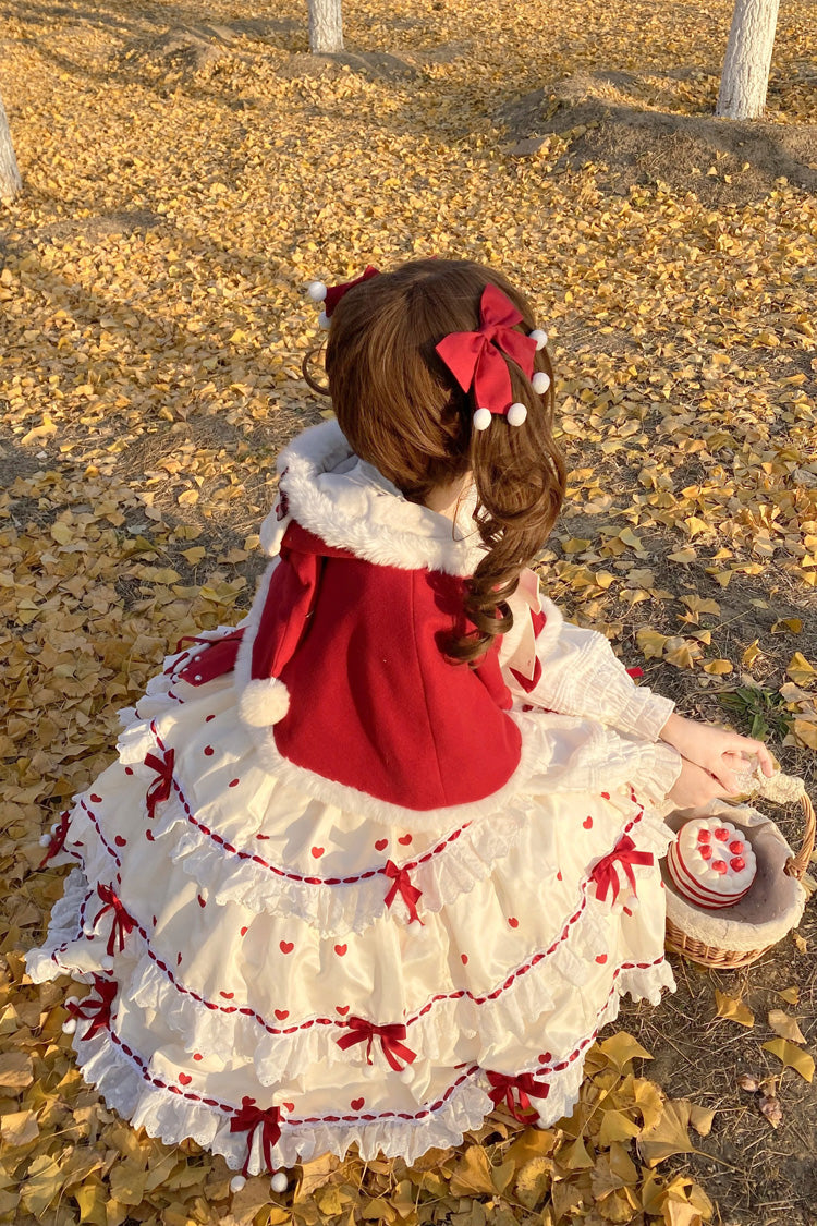 Crimson Apricot Triple-Layered Printed Ruffled Bow Lace Sweet Princess Lolita Dress with Cape