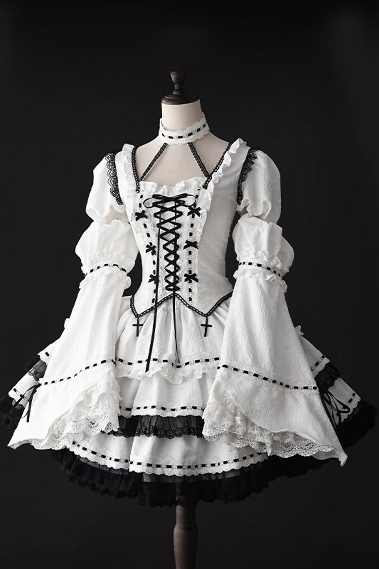 White Witch Long Sleeves Double-Layered Lace-Up Gothic Skirt Set