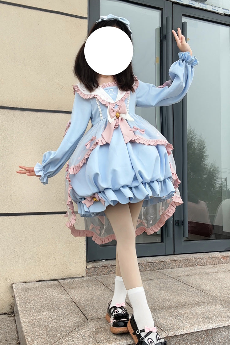 Music Note Print Blue Lace Sweet Lolita Dress with Bow