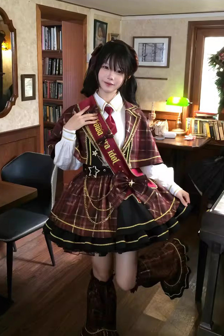 Crimson Showa Little Idol Notch Collar Long Sleeve Ruffled Open-Front Bow Asymmetric Classic Lolita Skirt Set