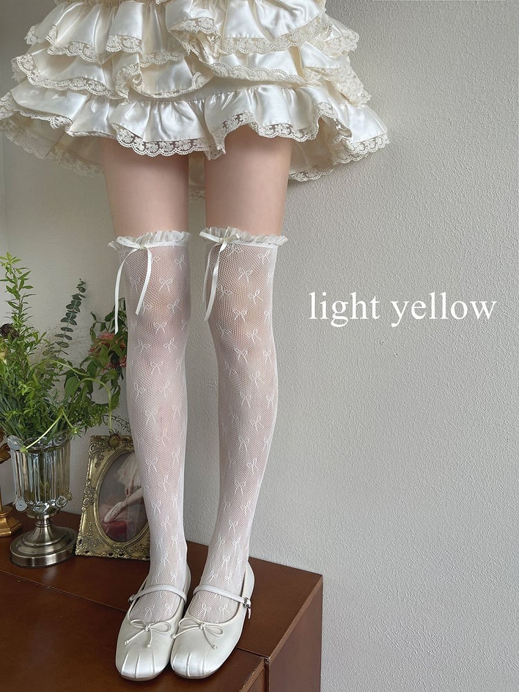 Trim White/Light Details Bowknot Stockings Overknee Lace Yellow/Black