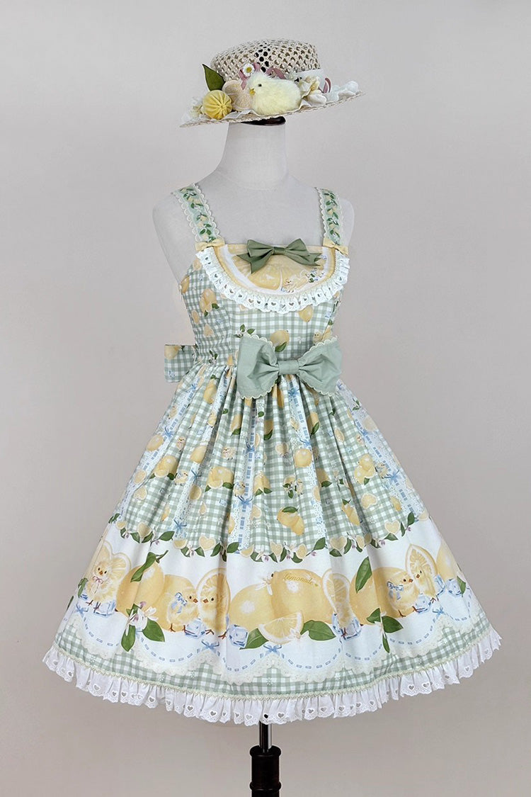 Verdant Printed Ruffle Bow Lace Sweet Jumper Dress - Lemon Chicken
