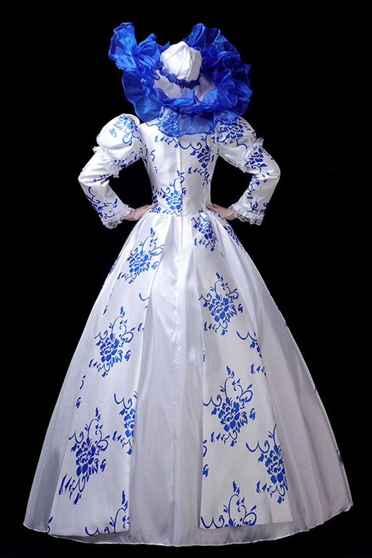 Blue and White Porcelain Victorian Dress with Stand Collar - Altfashion Shop