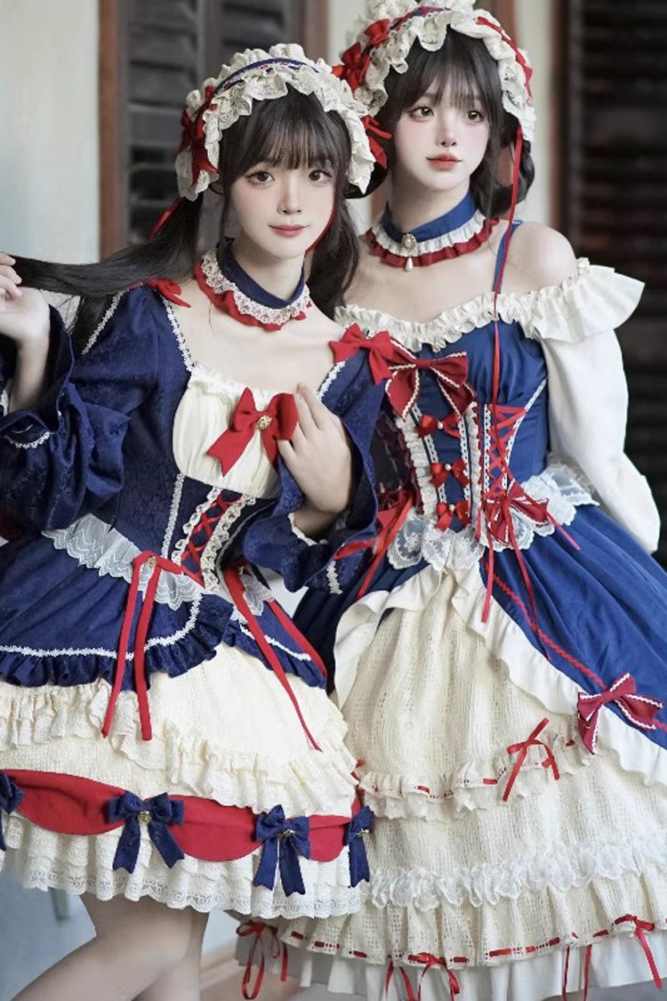 White-Blue Long Sweet Lolita Ruffle Cardigan Bowknot Dress