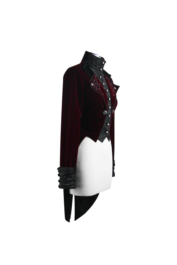 Crimson Noir Brocade Collar Embroidered Metal Stud Velvet Swallowtail Gothic Coat
