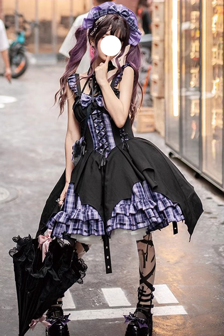 Rock Radio Wave Gothic Lolita Asymmetric Grid Print Bowknot Dress 3 Colors