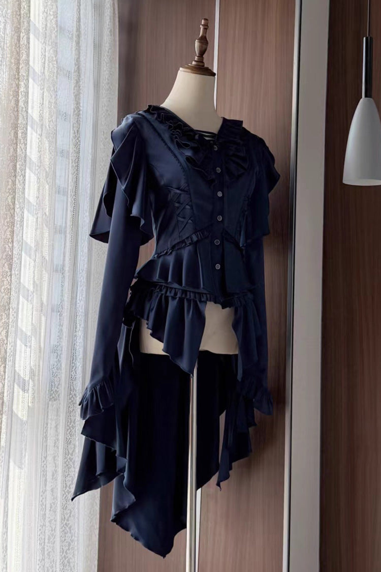 Echoes of the Deep Sea Hime Sleeve Ruffled Bow Corset Gothic Ouji Lolita Blouse in Four Shades