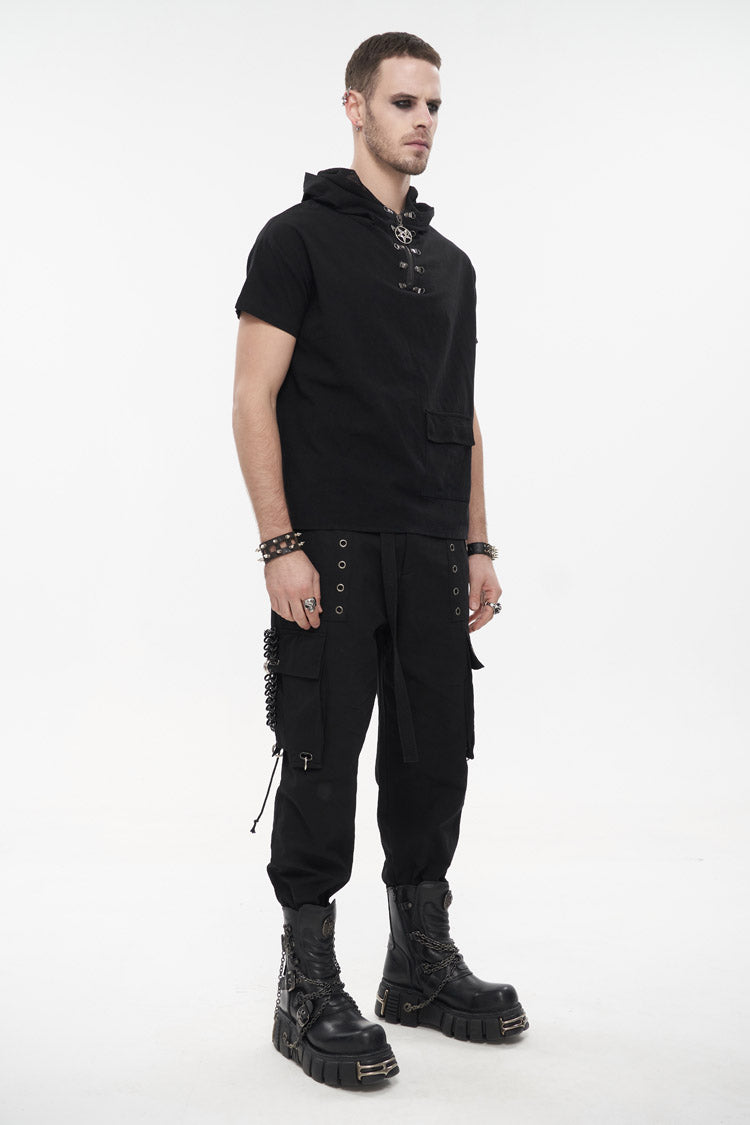 Men's Punk T-Shirt with Hooded Mesh Splice Zipper Back Openwork Lace-Up Casual Short Sleeve