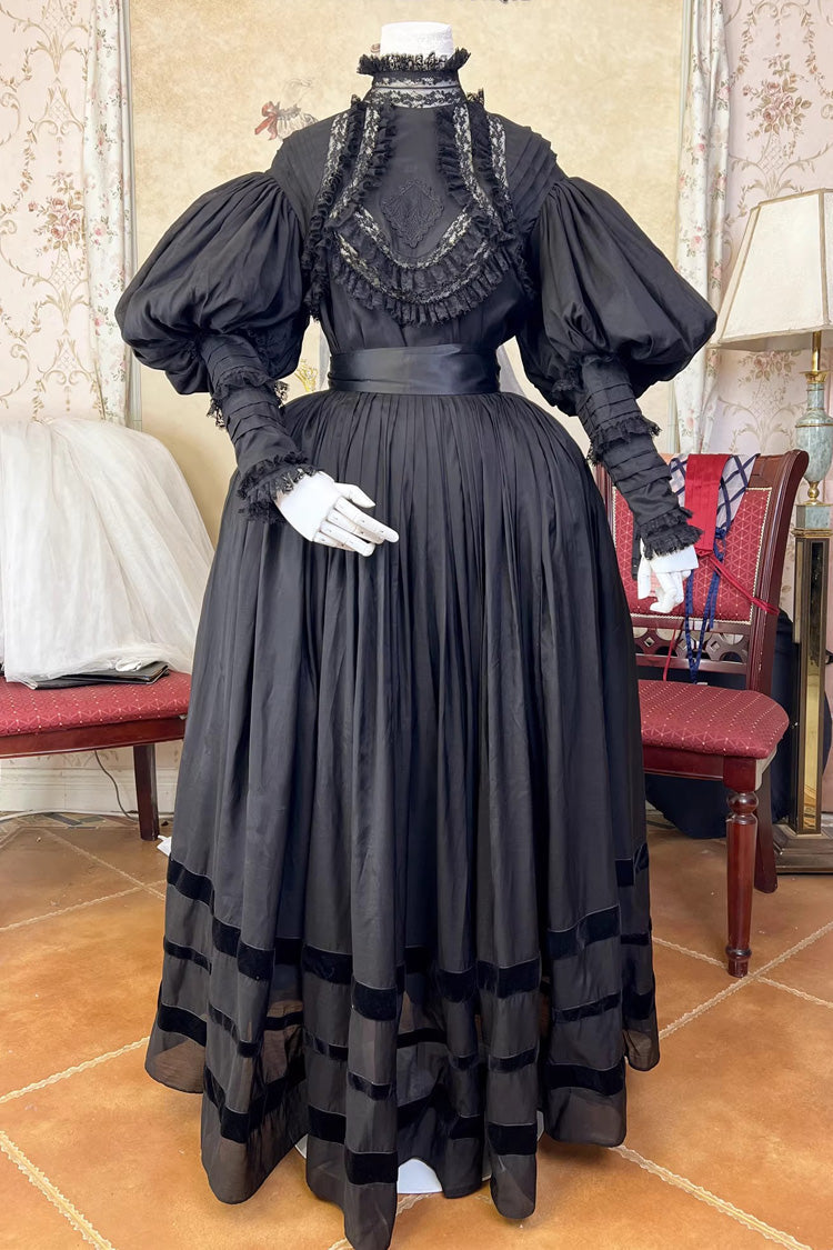 Classic Victorian Gothic Blouse with Puff Sleeves and Embroidery