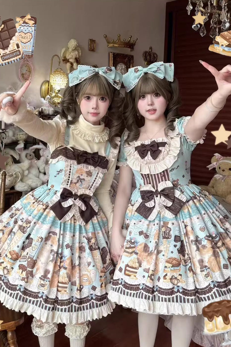 Square Collar Sleeveless Ruffled Bow Daily JSK Dress in 2 Colors - Chocolate Cake Party