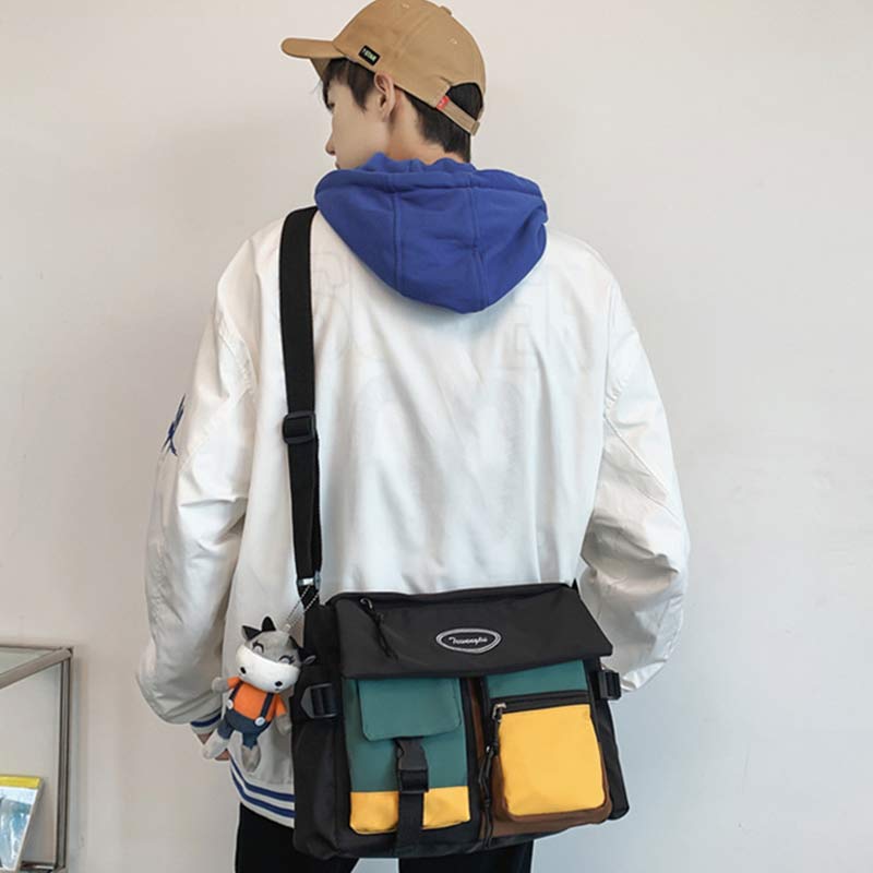 Fashion Colorblock Letter Print Canvas Crossbody Bag