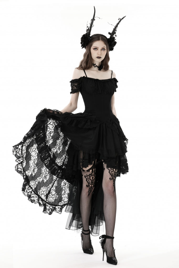 Gothic Dovetail Dress with Off-Shoulder Puff Sleeves & Lace