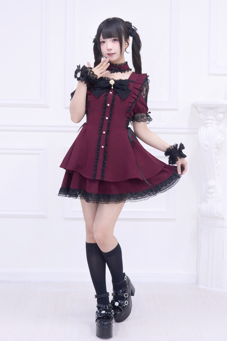 Scarlet Waltz Short Sleeve Ruffled Bow Gothic Jirai Kei Japanese Dress Set