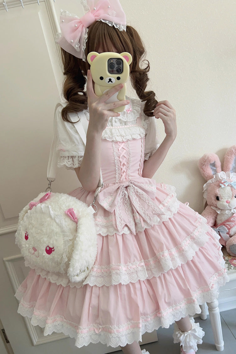Pink Maiden Heart Triple Layer Ruffle Bow Lace Sweet Jsk