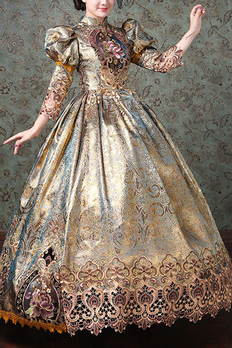 Champagne Hollow Floral Embroidery Victorian Gown - Half Sleeves