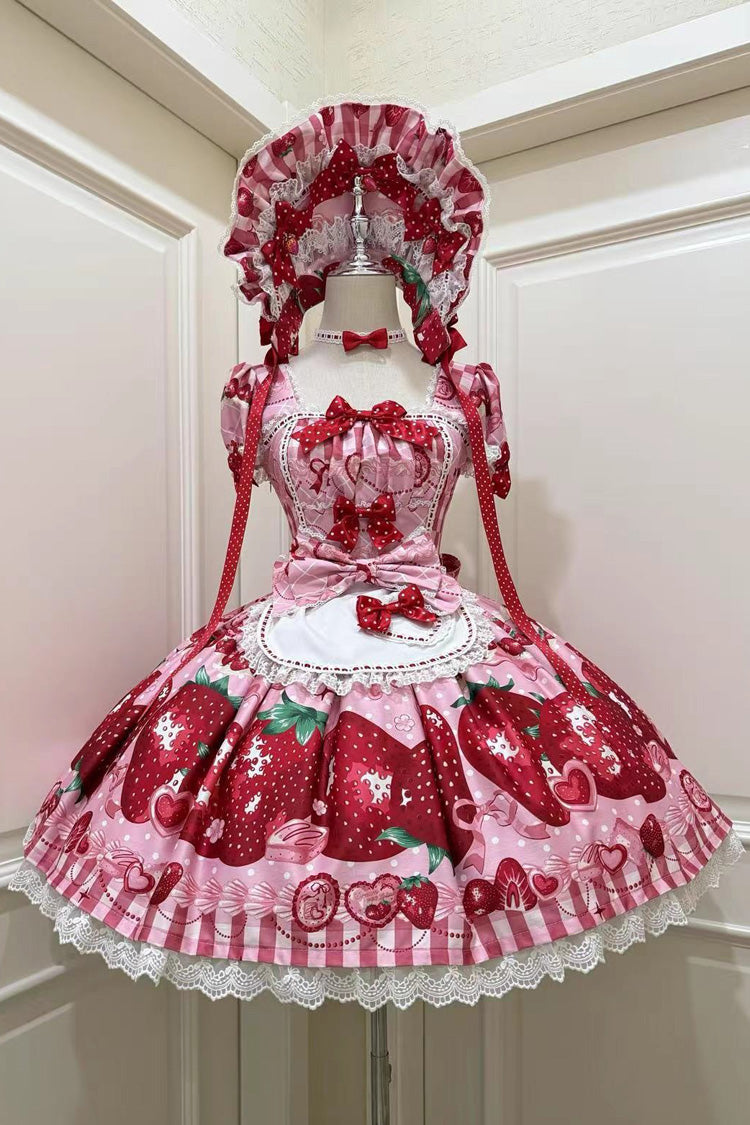 Dream to Strawberry Print Short Sleeve Ruffled Bow Lace Sweet Lolita OP Dress - 4 Colors