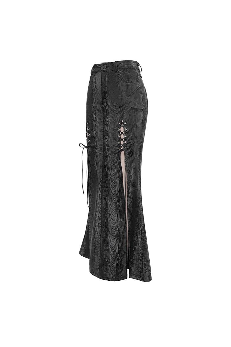 Leather-Like Side Slit Skirt with Lace-Up Rivets - Black Punk Long